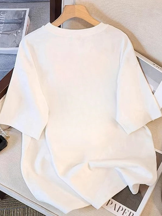 Summer Casual Short Sleeve T-Shirt - White Loose Fit Round Neck Cartoon Graphic Tee with Cute Green Hair Character Design, Breathable & Machine Washable for Spring/Summer Outfits, Ladies T Shirts