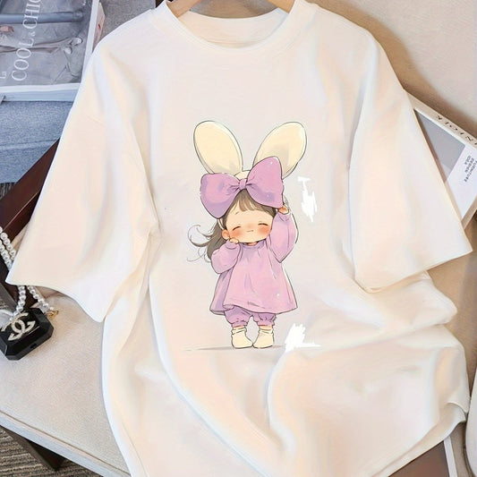 Women's Light Gray Y2K Slim Fit T-Shirt – Cute Bunny Ears Print