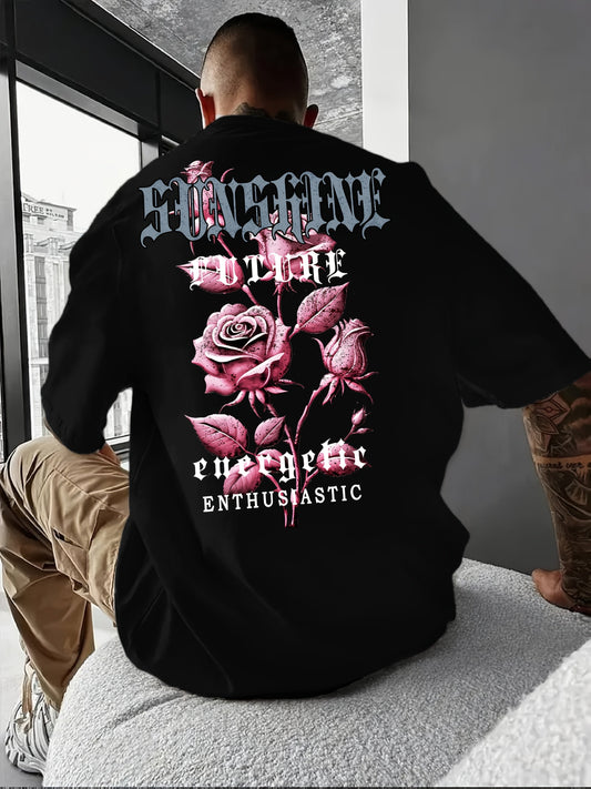 Men’s Casual Short Sleeve T-Shirt – Bold Rose Floral & Motivational Print