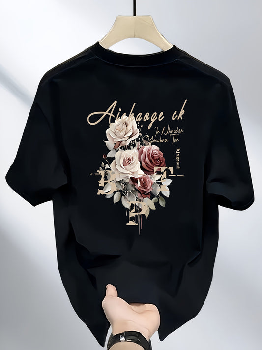 Men's Heavyweight 100% Cotton T-Shirt – Black Hip-Hop Rose & Script Print
