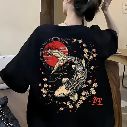 Women's Loose Fit T-Shirt – Black Koi Fish & Cherry Blossom Print
