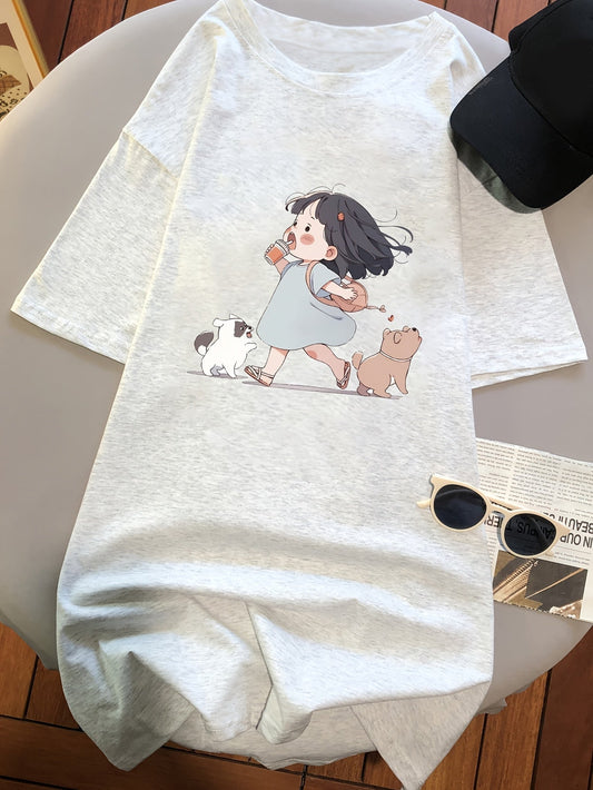 Y2K-Inspired Women'S Short Sleeve T-Shirt with Adorable Cartoon Print - Slim Fit, Crew Neck, Pure Top for Spring/Summer/Fall, Cute T Shirt