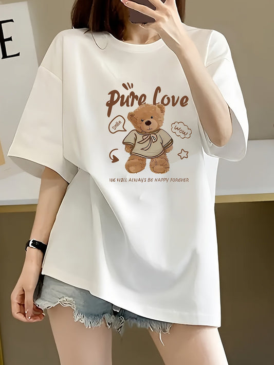 Women's Cute Love Bear Graphic Tee – 'PURE LOVE' Slim Fit