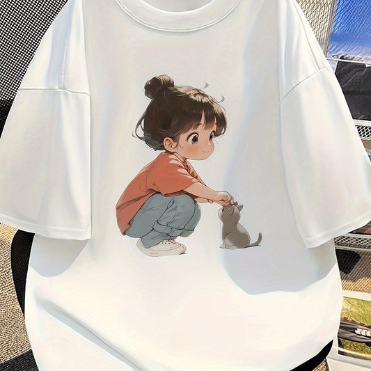 Women's Casual Loose-Fit T-Shirt – Cartoon Print, Relaxed Fit