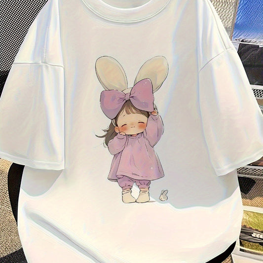 Women's Oversized Tee – Cute Bunny Ears & Purple Bow Graphic