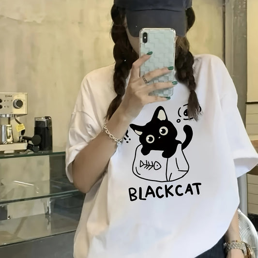 Women's Casual T-Shirt – Playful Black Cat 'BLACKCAT' Print