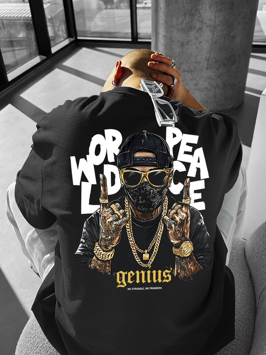 Men's Streetwear T-Shirt – World Peace Sign Graphic, Loose Fit