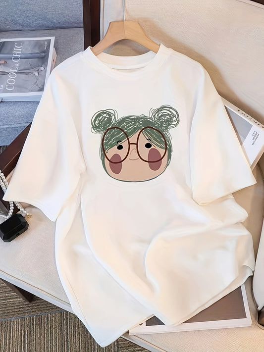 Summer Casual Short Sleeve T-Shirt - White Loose Fit Round Neck Cartoon Graphic Tee with Cute Green Hair Character Design, Breathable & Machine Washable for Spring/Summer Outfits, Ladies T Shirts