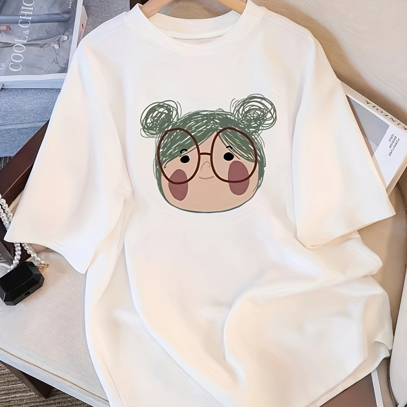 Women's 2025 Summer Casual Short Sleeve T-Shirt - White Loose Fit Round Neck Cartoon Graphic Tee with Cute Green Hair Character Design, Breathable & Machine Washable for Spring/Summer Outfits, Ladies T Shirts