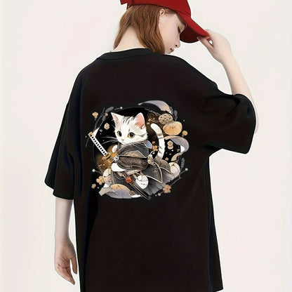 Kawaii Cat & Samurai Tee – Women's Loose Fit Black Graphic T-Shirt
