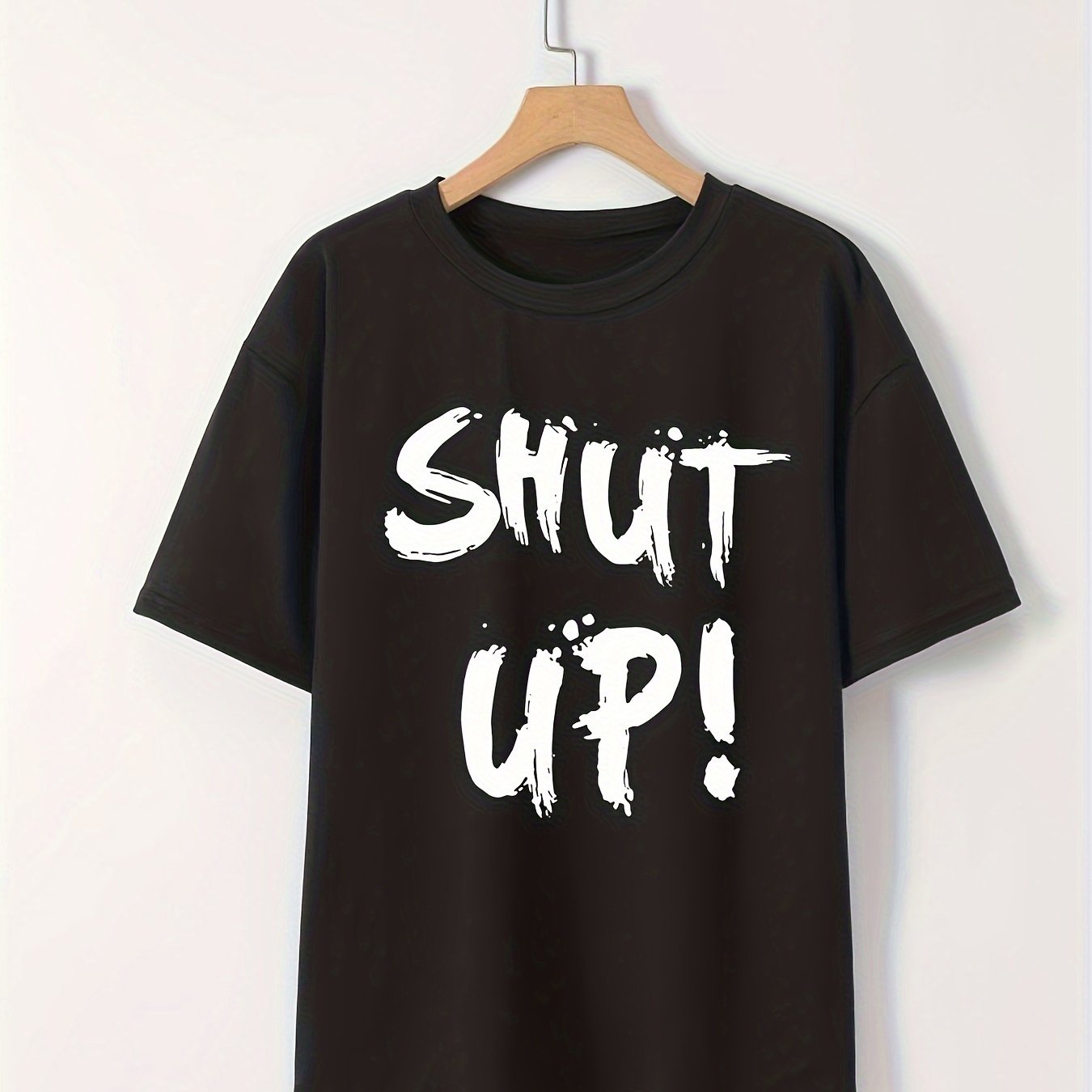 Women's Loose-Fit 'SHUT UP!' Graphic T-Shirt – Black Brushstroke Print