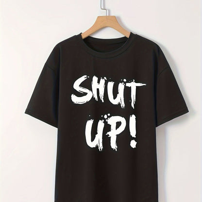 Women's Loose-Fit 'SHUT UP!' Graphic T-Shirt – Black Brushstroke Print