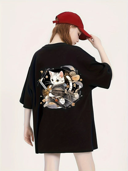 Kawaii Cat & Samurai Tee – Women's Loose Fit Black Graphic T-Shirt