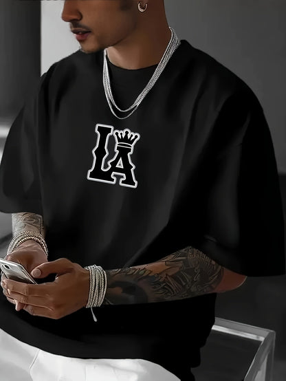 Men's Korean Style T-Shirt – LA Crown Graphic, Loose Fit, Summer Casual Tee