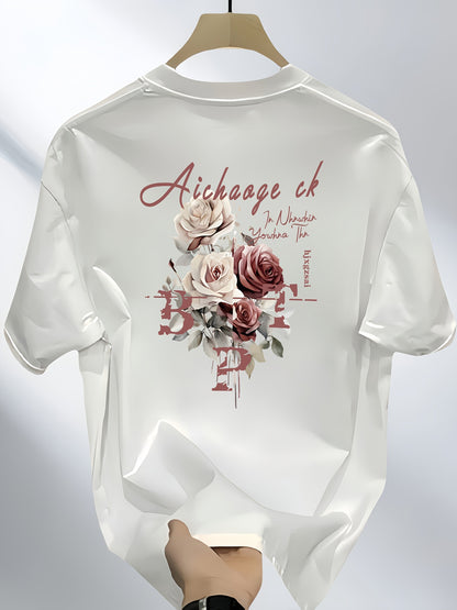 Men's Heavyweight 100% Cotton T-Shirt – Black Hip-Hop Rose & Script Print