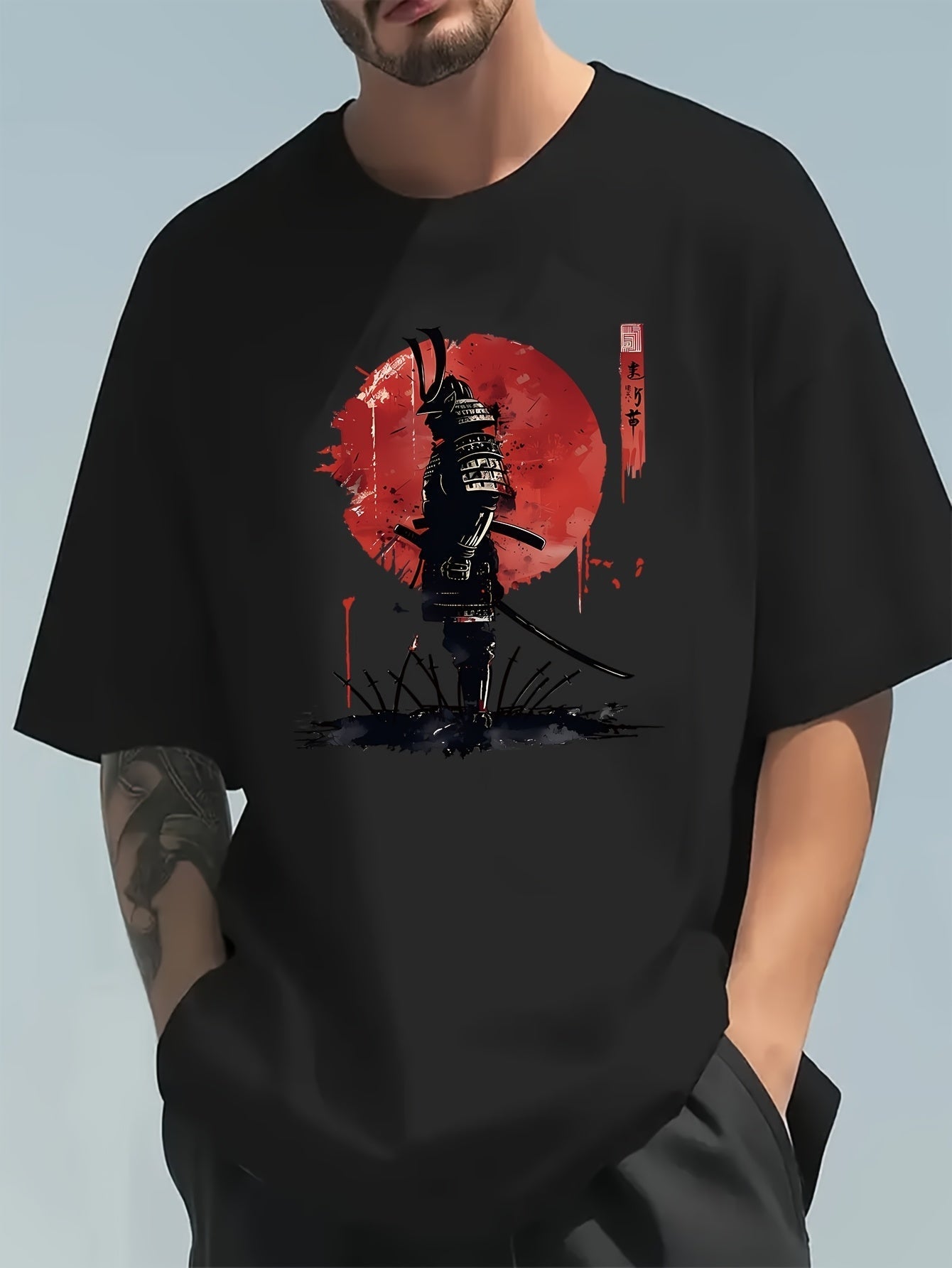 Men's Samurai Warrior Graphic T-Shirt – Beige, Loose Fit Cotton Tee with Red Design