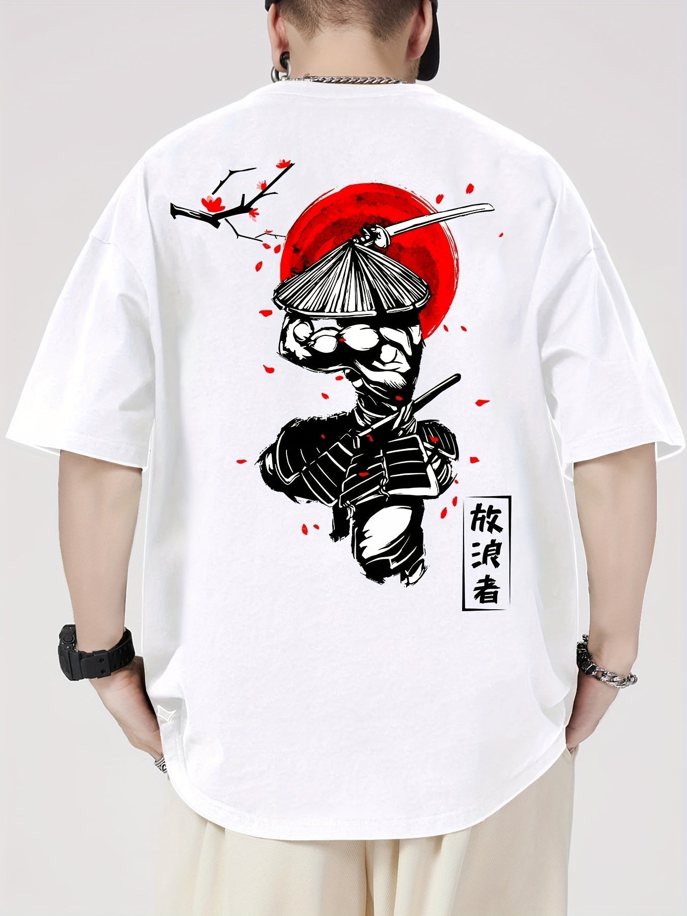 Men's Cotton Samurai & Cherry Blossom Graphic T-Shirt – Breathable Casual Summer Tee