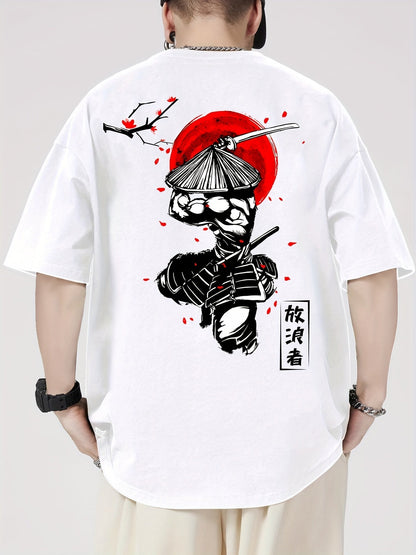 Men's Cotton Samurai & Cherry Blossom Graphic T-Shirt – Breathable Casual Summer Tee
