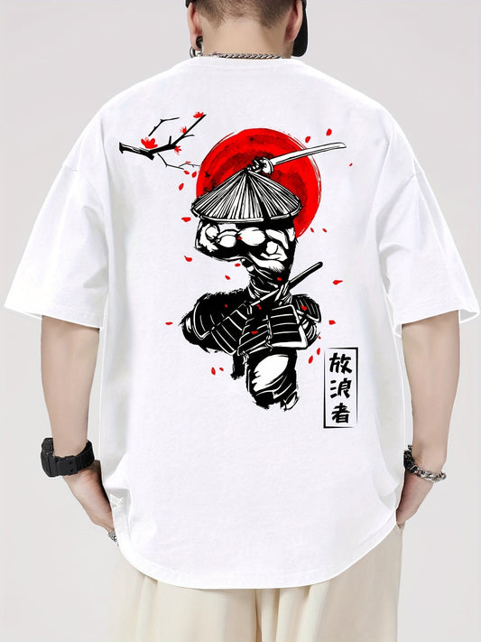 Men's Cotton Samurai & Cherry Blossom Graphic T-Shirt – Breathable Casual Summer Tee