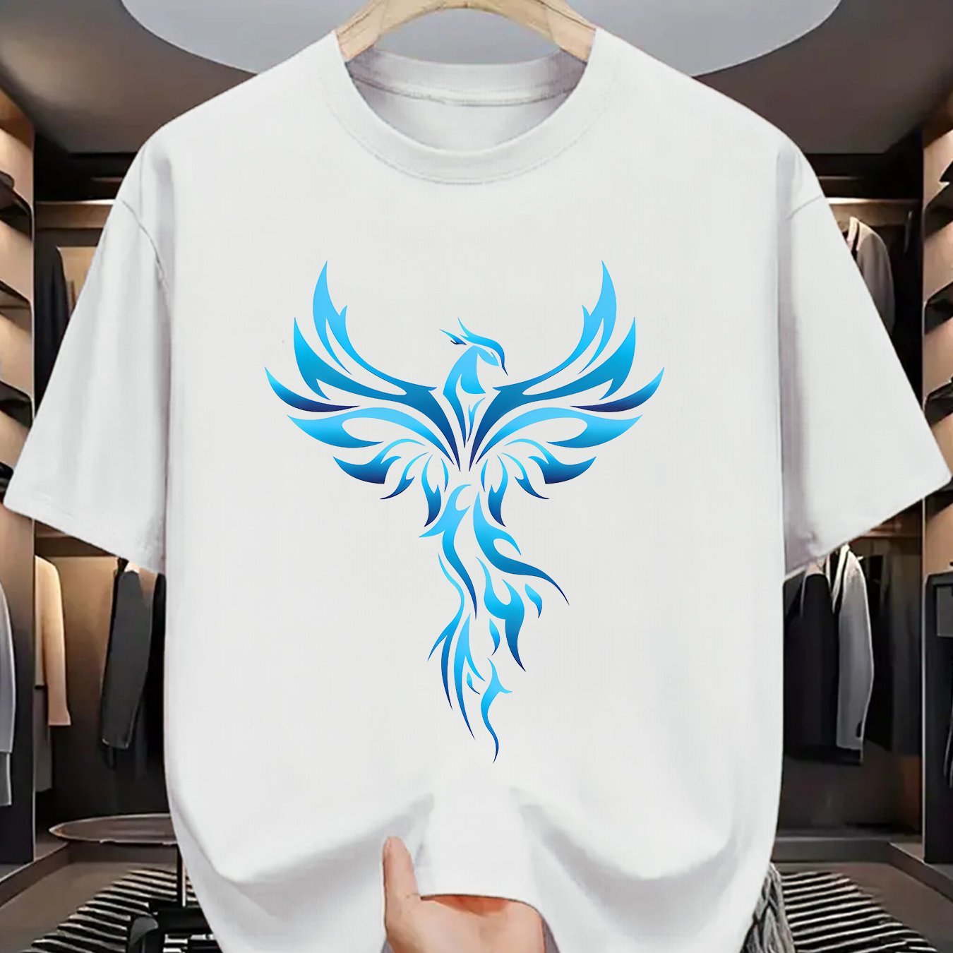 Men’s Blue Phoenix Print Crew Neck Tee – Polyester Stretch Fabric | Casual Regular Fit for Summer