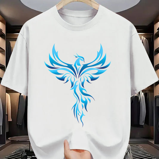 Men’s Blue Phoenix Print Crew Neck Tee – Polyester Stretch Fabric | Casual Regular Fit for Summer
