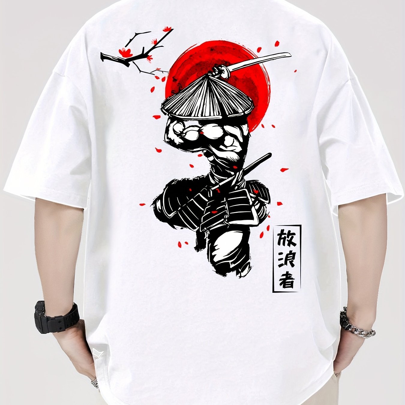 Men's Cotton Samurai & Cherry Blossom Graphic T-Shirt – Breathable Casual Summer Tee