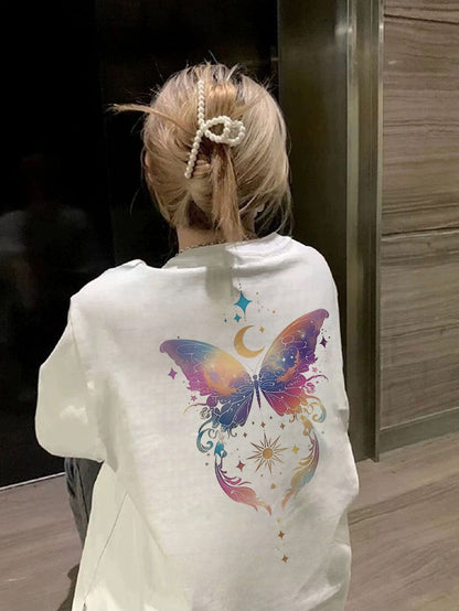 Women’s Casual Short Sleeve T-Shirt – Vibrant Butterfly & Moon Graphic Spring & Summer Everyday Wear