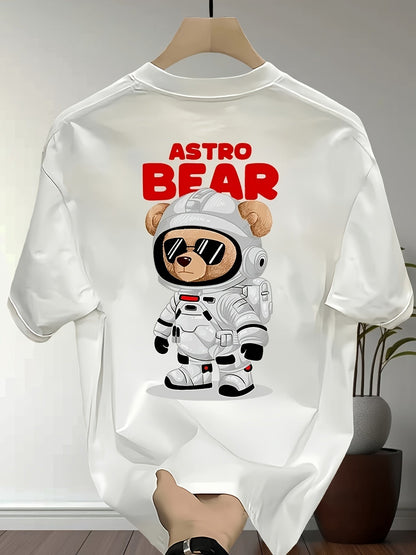 Men's Heavyweight Cotton Astronaut Bear Graphic T-Shirt – Black Oversized Summer Tee