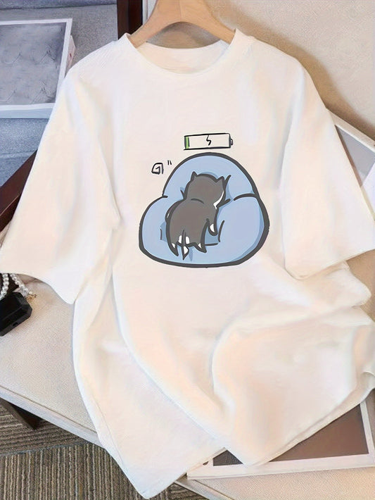 Women's Casual Cotton Cat & Clouds Graphic T-Shirt – Loose Fit White Tee
