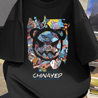 Shu Le Shui Men’s Cotton T-Shirt – Black Street Graffiti with Cartoon Print | 100% Cotton