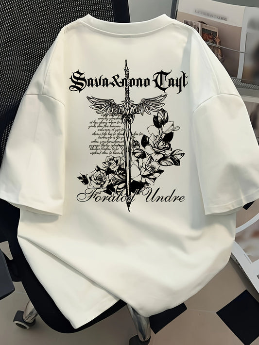 Men's Gothic Eagle T-Shirt – "Savina & Ana Troy" Graphic, Loose Fit, All-Season Comfort