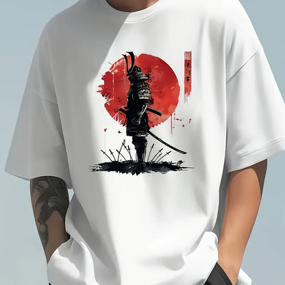 Men's Samurai Warrior Graphic T-Shirt – Beige, Loose Fit Cotton Tee with Red Design