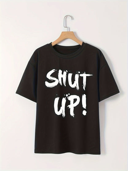 Women's Loose-Fit 'SHUT UP!' Graphic T-Shirt – Black Brushstroke Print
