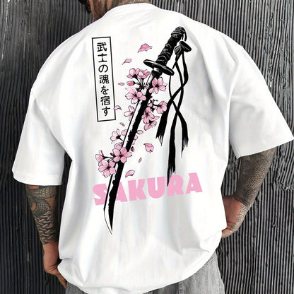 Men’s Casual Japanese Katana & Cherry Blossom Graphic Tee – Loose Fit Summer Fashion