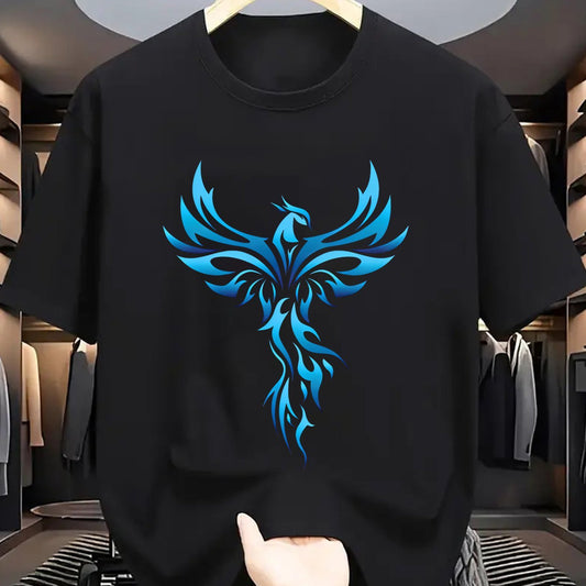 Men’s Blue Phoenix Print Crew Neck Tee – Polyester Stretch Fabric | Casual Regular Fit for Summer