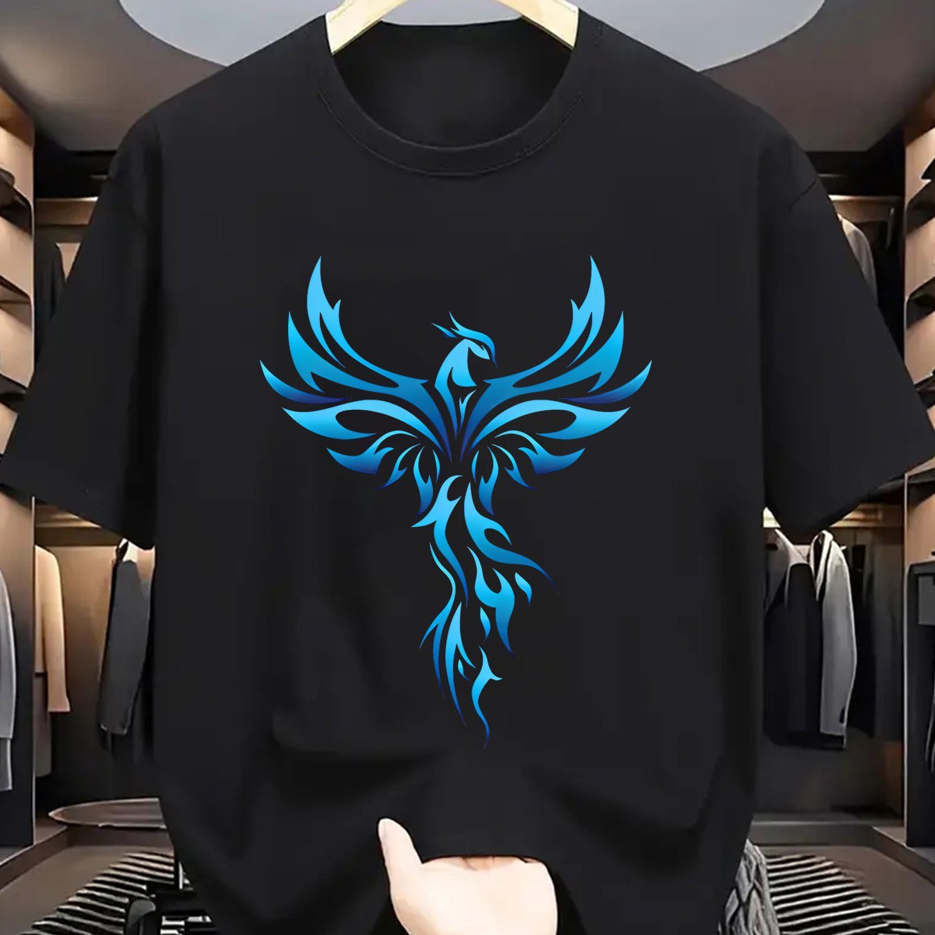 Men’s Blue Phoenix Print Crew Neck Tee – Polyester Stretch Fabric | Casual Regular Fit for Summer