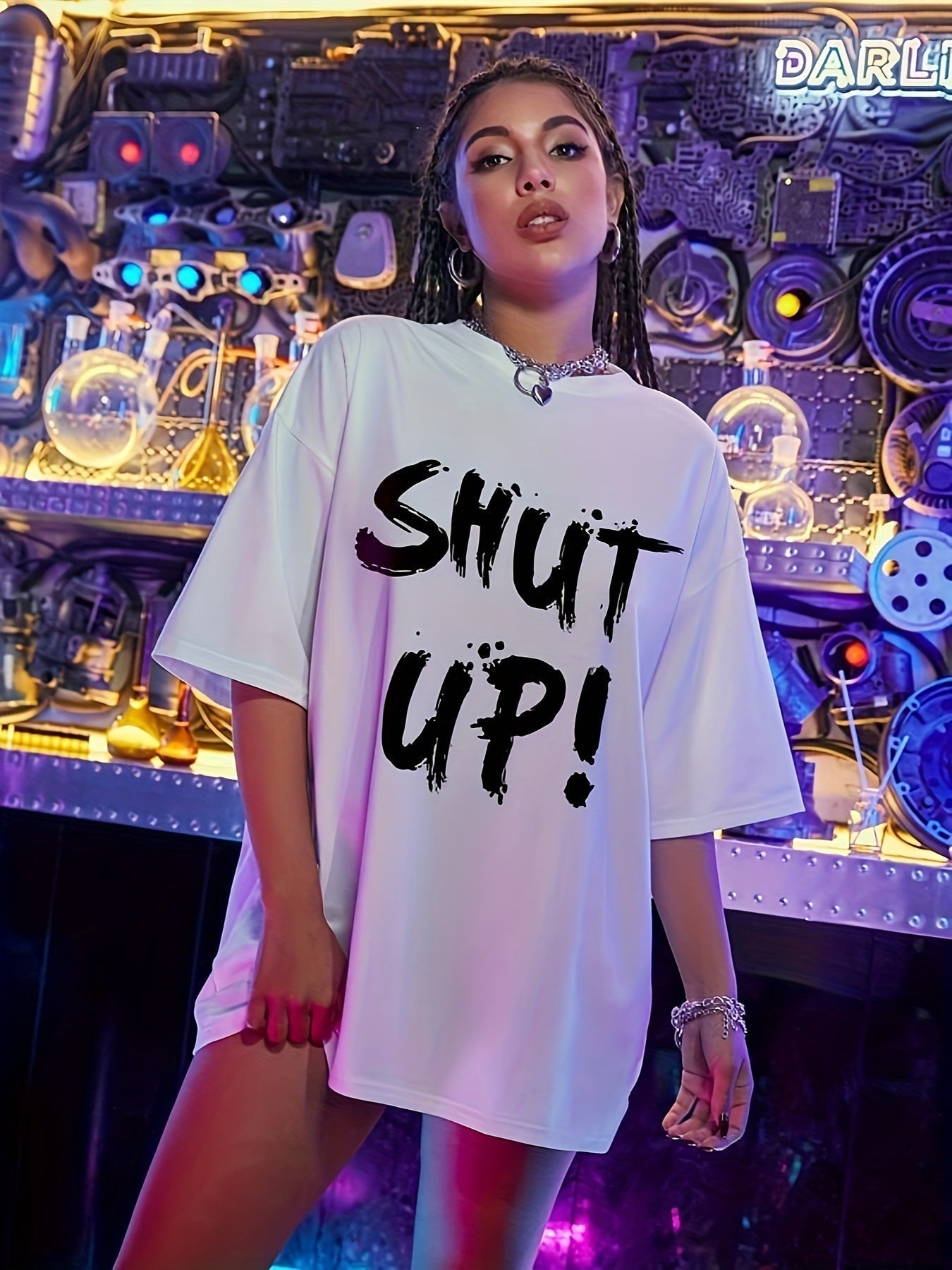 Women's Loose-Fit 'SHUT UP!' Graphic T-Shirt – Black Brushstroke Print