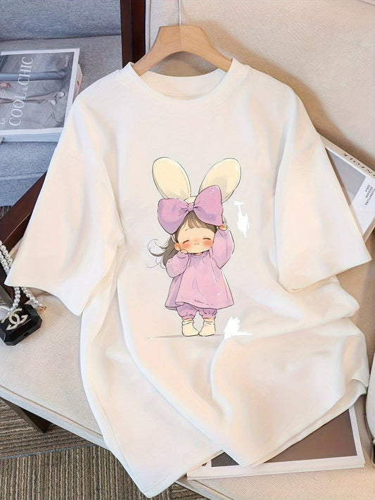 Women's Light Gray Y2K Slim Fit T-Shirt – Cute Bunny Ears Print