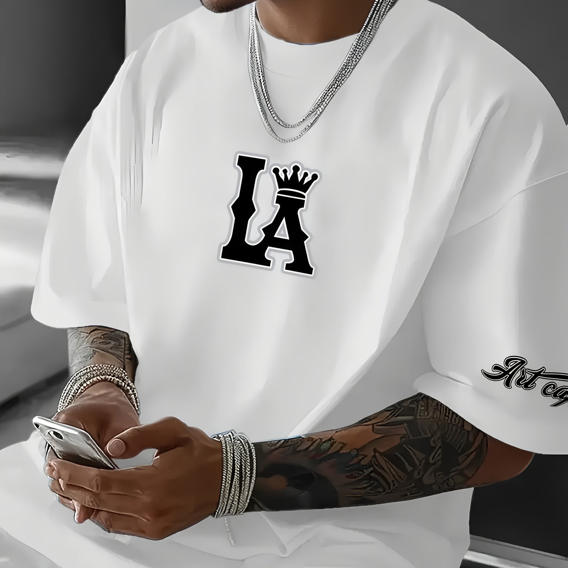 Men's Korean Style T-Shirt – LA Crown Graphic, Loose Fit, Summer Casual Tee