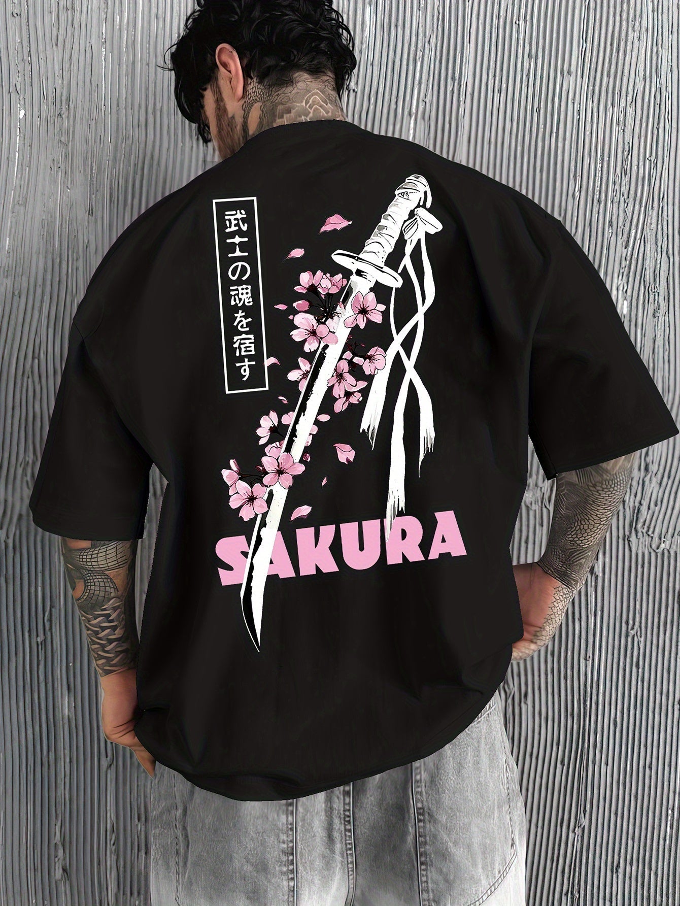 Men’s Casual Japanese Katana & Cherry Blossom Graphic Tee – Loose Fit Summer Fashion