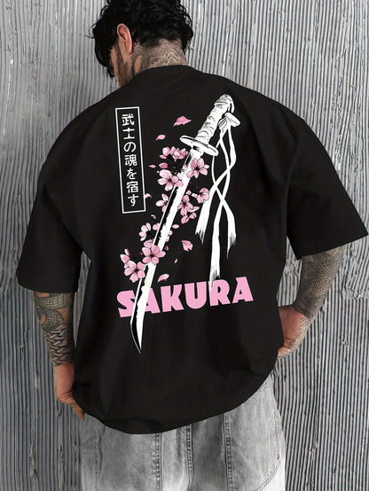 Men’s Casual Japanese Katana & Cherry Blossom Graphic Tee – Loose Fit Summer Fashion
