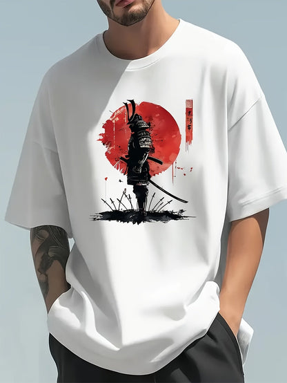 Men's Samurai Warrior Graphic T-Shirt – Beige, Loose Fit Cotton Tee with Red Design