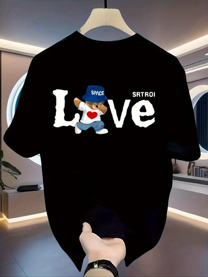 Men’s Retro Cotton T-Shirt – Black “LOVE” Bear Graphic
