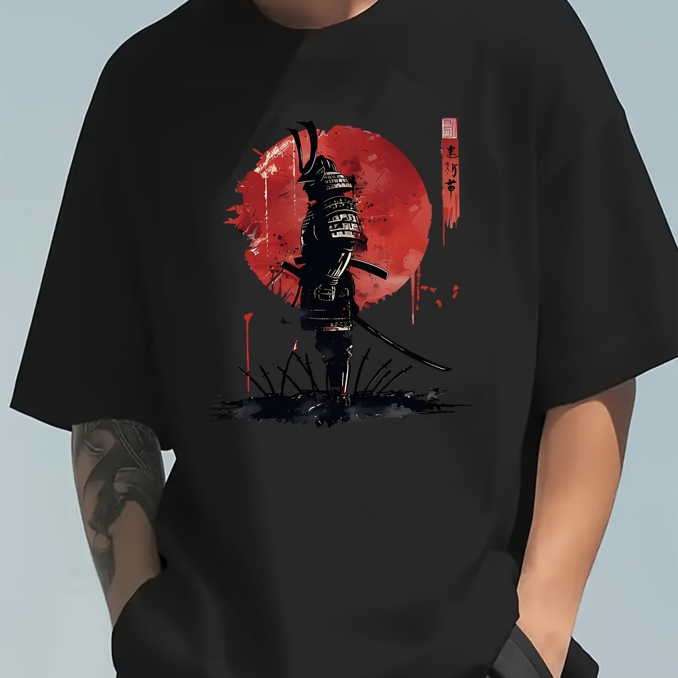 Men's Samurai Warrior Graphic T-Shirt – Beige, Loose Fit Cotton Tee with Red Design