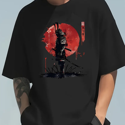 Men's Samurai Warrior Graphic T-Shirt – Beige, Loose Fit Cotton Tee with Red Design