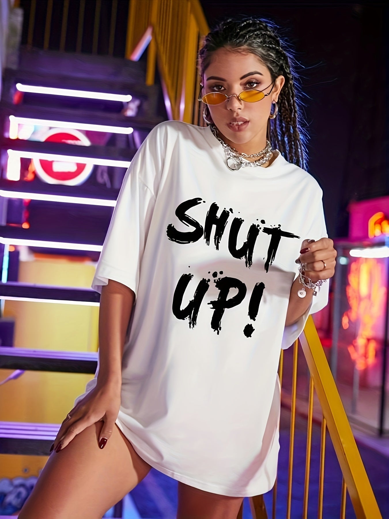 Women's Loose-Fit 'SHUT UP!' Graphic T-Shirt – Black Brushstroke Print