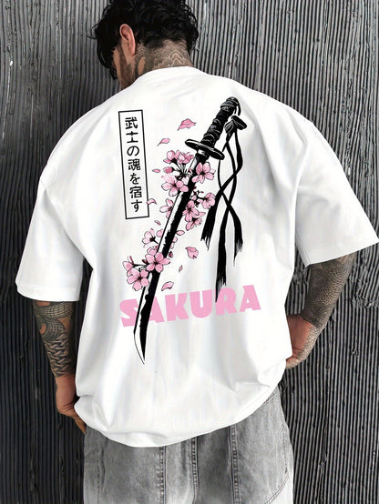 Men’s Casual Japanese Katana & Cherry Blossom Graphic Tee – Loose Fit Summer Fashion