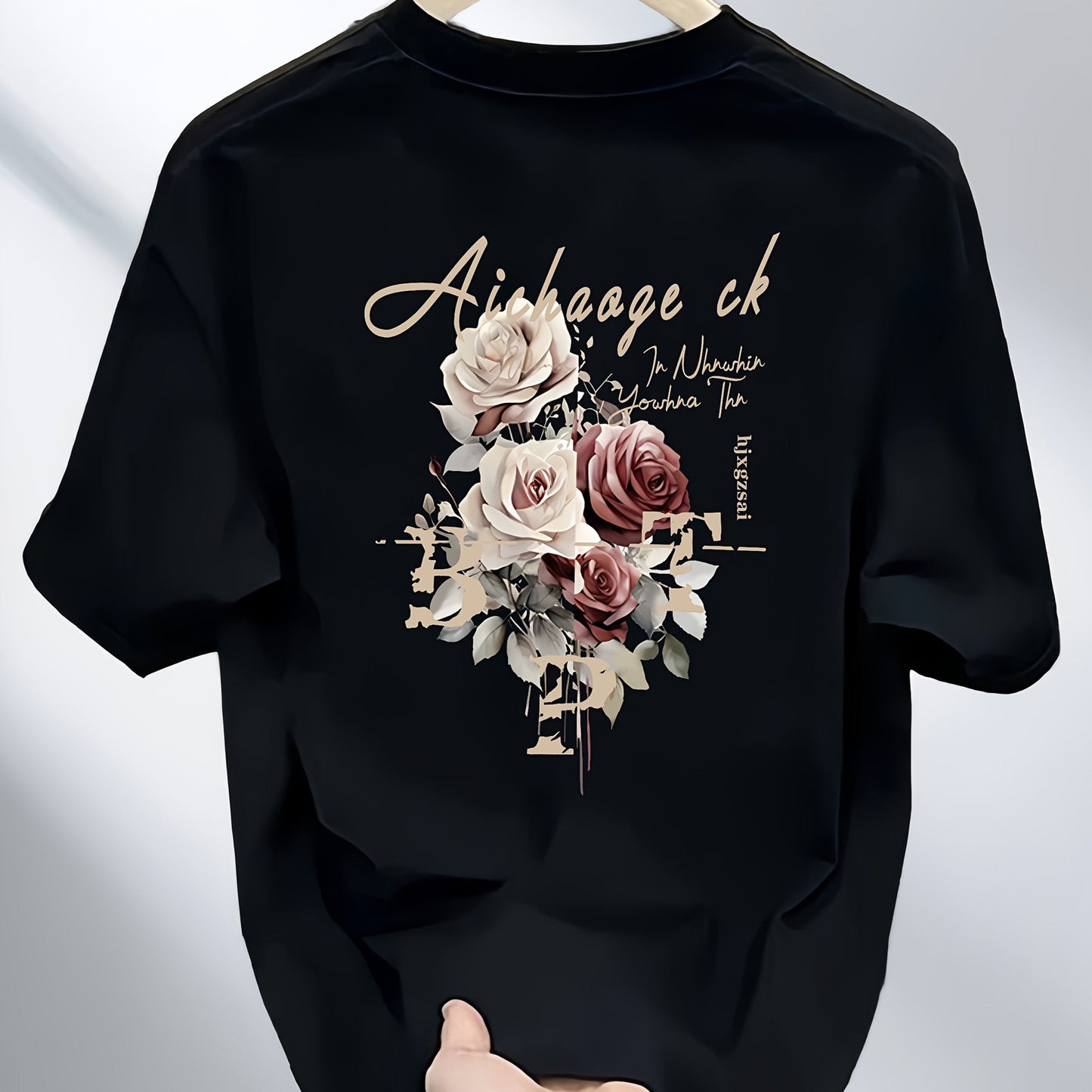 Men's Heavyweight 100% Cotton T-Shirt – Black Hip-Hop Rose & Script Print