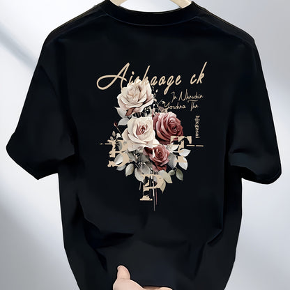 Men's Heavyweight 100% Cotton T-Shirt – Black Hip-Hop Rose & Script Print