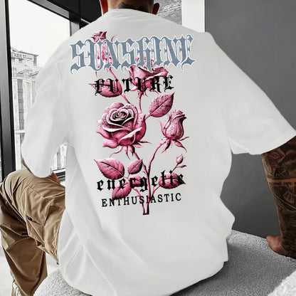 Men’s Casual Short Sleeve T-Shirt – Bold Rose Floral & Motivational Print